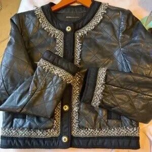 Vintage BCBG Leather Jacket | Fringed tweed | Gold chain trim | Sophisticated